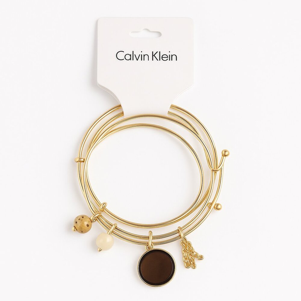 Calvin Klein Gold-Tone 3-Piece Charm Bangle Set with Closure